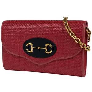 GUCCI Red Straw Horsebit Shoulder Bag